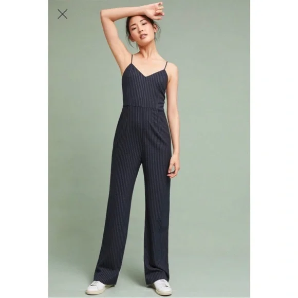 Anthropologie The Essentials Navy Blue Pinstriped Jumpsuit Size 4 - Picture 1 of 12